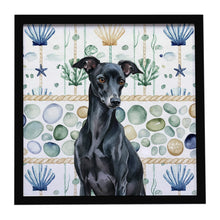 Load image into Gallery viewer, Black Italian Greyhound Coastal Sea Glass Framed Metal Print