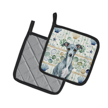 Load image into Gallery viewer, Blue Italian Greyhound Coastal Sea Glass Pair of Pot Holders