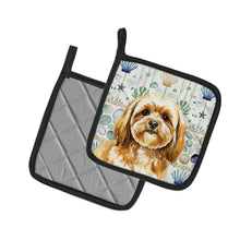 Load image into Gallery viewer, Gold Lhasa Apso Coastal Sea Glass Pair of Pot Holders