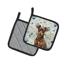 Load image into Gallery viewer, Chocolate and Rust Miniature Pinscher Min Pin Coastal Sea Glass Pair of Pot Holders