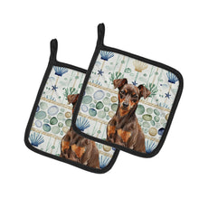 Load image into Gallery viewer, Chocolate and Rust Miniature Pinscher Min Pin Coastal Sea Glass Pair of Pot Holders