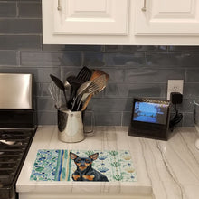 Load image into Gallery viewer, Black and Tan Miniature Pinscher Coastal Sea Glass Glass Cutting Board