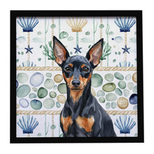 Load image into Gallery viewer, Black and Tan Miniature Pinscher Coastal Sea Glass Framed Metal Print
