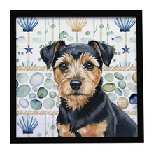 Load image into Gallery viewer, Black and Tan Norfolk Terrier Coastal Sea Glass Framed Metal Print