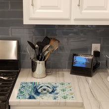 Load image into Gallery viewer, Blue and White Old English Sheepdog Coastal Sea Glass Glass Cutting Board