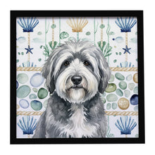 Load image into Gallery viewer, Gray and White Old English Sheepdog Coastal Sea Glass Framed Metal Print