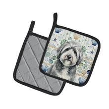 Load image into Gallery viewer, Gray and White Old English Sheepdog Coastal Sea Glass Pair of Pot Holders