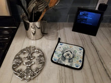 Load image into Gallery viewer, Gray and White Old English Sheepdog Coastal Sea Glass Pair of Pot Holders
