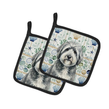Load image into Gallery viewer, Gray and White Old English Sheepdog Coastal Sea Glass Pair of Pot Holders