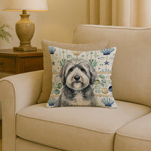 Load image into Gallery viewer, Gray and White Old English Sheepdog Coastal Sea Glass Throw Pillow