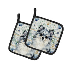 Load image into Gallery viewer, Blue Merle Pomeranian Coastal Sea Glass Pair of Pot Holders
