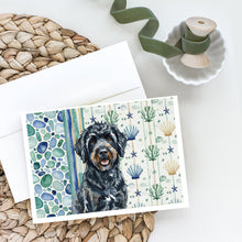Load image into Gallery viewer, Black Portuguese Water Dog Coastal Sea Glass Greeting Cards Pack of 8