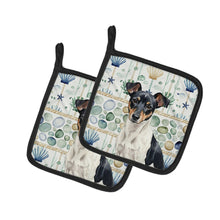 Load image into Gallery viewer, Black and White Rat Terrier Coastal Sea Glass Pair of Pot Holders