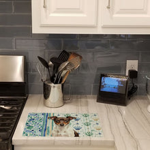 Load image into Gallery viewer, Chocolate and White Rat Terrier Coastal Sea Glass Glass Cutting Board