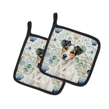 Load image into Gallery viewer, White with Black Markings Russell Terrier Coastal Sea Glass Pair of Pot Holders