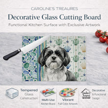 Load image into Gallery viewer, Black and White Shih Tzu Coastal Sea Glass Glass Cutting Board