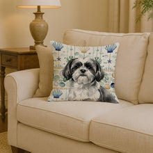 Load image into Gallery viewer, Black and White Shih Tzu Coastal Sea Glass Throw Pillow