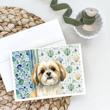 Load image into Gallery viewer, Gold and White Shih Tzu Coastal Sea Glass Greeting Cards Pack of 8