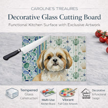 Load image into Gallery viewer, Gold and White Shih Tzu Coastal Sea Glass Glass Cutting Board