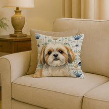 Load image into Gallery viewer, Gold and White Shih Tzu Coastal Sea Glass Throw Pillow