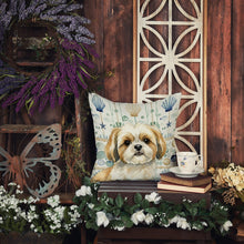 Load image into Gallery viewer, Gold and White Shih Tzu Coastal Sea Glass Throw Pillow