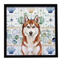 Load image into Gallery viewer, Red and White Siberian Husky Coastal Sea Glass Framed Metal Print