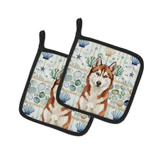 Load image into Gallery viewer, Red and White Siberian Husky Coastal Sea Glass Pair of Pot Holders