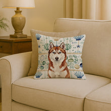 Load image into Gallery viewer, Red and White Siberian Husky Coastal Sea Glass Throw Pillow