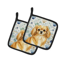 Load image into Gallery viewer, Gold Tibetan Spaniel Coastal Sea Glass Pair of Pot Holders