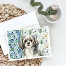 Load image into Gallery viewer, Grey and White Tibetan Spaniel Coastal Sea Glass Greeting Cards Pack of 8