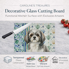 Load image into Gallery viewer, Grey and White Tibetan Spaniel Coastal Sea Glass Glass Cutting Board