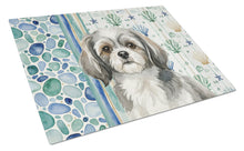 Load image into Gallery viewer, Grey and White Tibetan Spaniel Coastal Sea Glass Glass Cutting Board