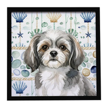 Load image into Gallery viewer, Grey and White Tibetan Spaniel Coastal Sea Glass Framed Metal Print