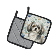 Load image into Gallery viewer, Grey and White Tibetan Spaniel Coastal Sea Glass Pair of Pot Holders