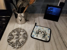Load image into Gallery viewer, Grey and White Tibetan Spaniel Coastal Sea Glass Pair of Pot Holders