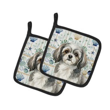 Load image into Gallery viewer, Grey and White Tibetan Spaniel Coastal Sea Glass Pair of Pot Holders