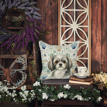 Load image into Gallery viewer, Grey and White Tibetan Spaniel Coastal Sea Glass Throw Pillow
