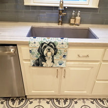 Load image into Gallery viewer, Black and White Tibetan Terrier Coastal Sea Glass Kitchen Towel