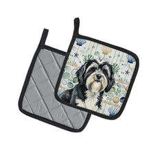 Load image into Gallery viewer, Black and White Tibetan Terrier Coastal Sea Glass Pair of Pot Holders