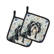 Load image into Gallery viewer, Black and White Tibetan Terrier Coastal Sea Glass Pair of Pot Holders