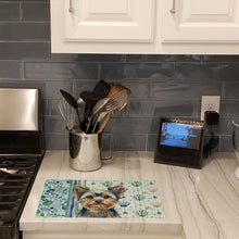 Load image into Gallery viewer, Blue and Tan Yorkshire Terrier Coastal Sea Glass Glass Cutting Board