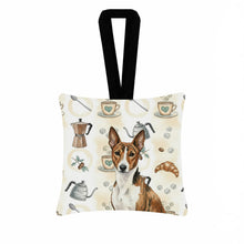 Load image into Gallery viewer, Brindle and White Basenji Coffee Bar Hanging Square Fabric Ornament 3.5 × 3.5