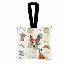 Load image into Gallery viewer, Red and White Basenji Coffee Bar Hanging Square Fabric Ornament 3.5 × 3.5