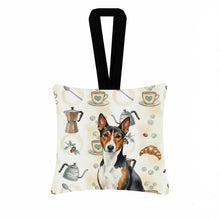 Load image into Gallery viewer, Tricolor and White Basenji Coffee Bar Hanging Square Fabric Ornament 3.5 × 3.5