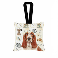 Load image into Gallery viewer, Red and White Basset Hound Coffee Bar Hanging Square Fabric Ornament 3.5 × 3.5