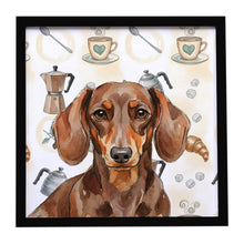 Load image into Gallery viewer, Chocolate and Tan Dachshund Coffee Bar Framed Metal Print