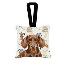 Load image into Gallery viewer, Chocolate and Tan Dachshund Coffee Bar Hanging Square Fabric Ornament 3.5 × 3.5
