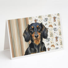 Load image into Gallery viewer, Longhaired Black and Tan Dachshund Coffee Bar Greeting Cards Pack of 8