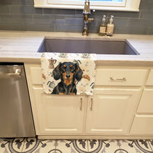 Load image into Gallery viewer, Longhaired Black and Tan Dachshund Coffee Bar Kitchen Towel