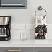 Load image into Gallery viewer, Longhaired Black and Tan Dachshund Coffee Bar Kitchen Towel